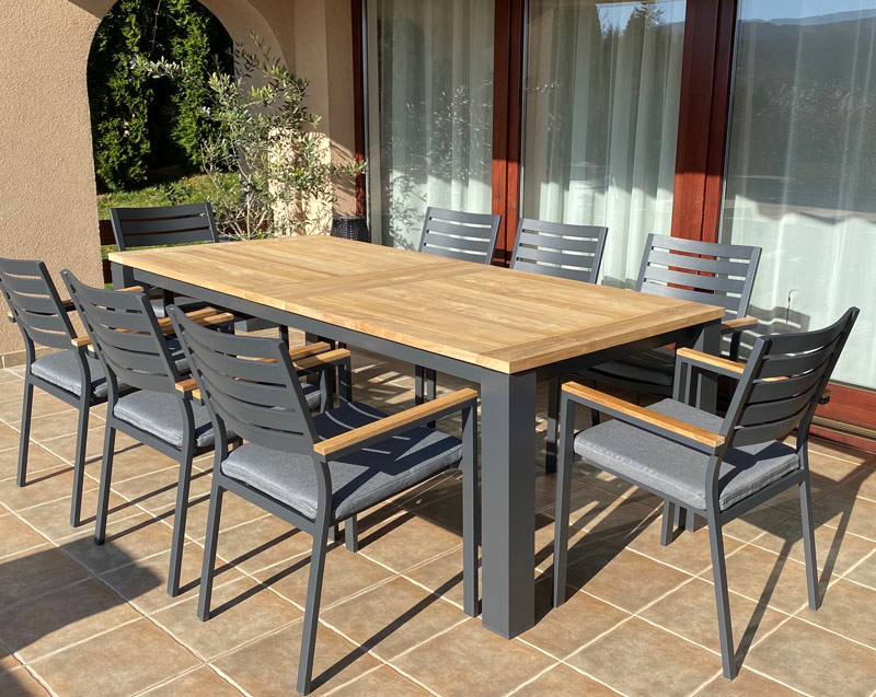IMG_4760 Alu TEAK Fa Bővíthető Kültéri Étkező Garnitúra Tallin 13 részes gunmetal - Image 2